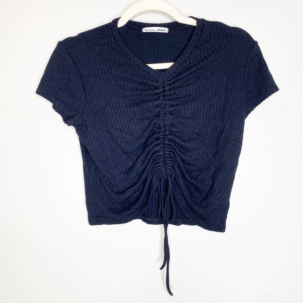 Reformation Black Ribbed Ruched Crop Top